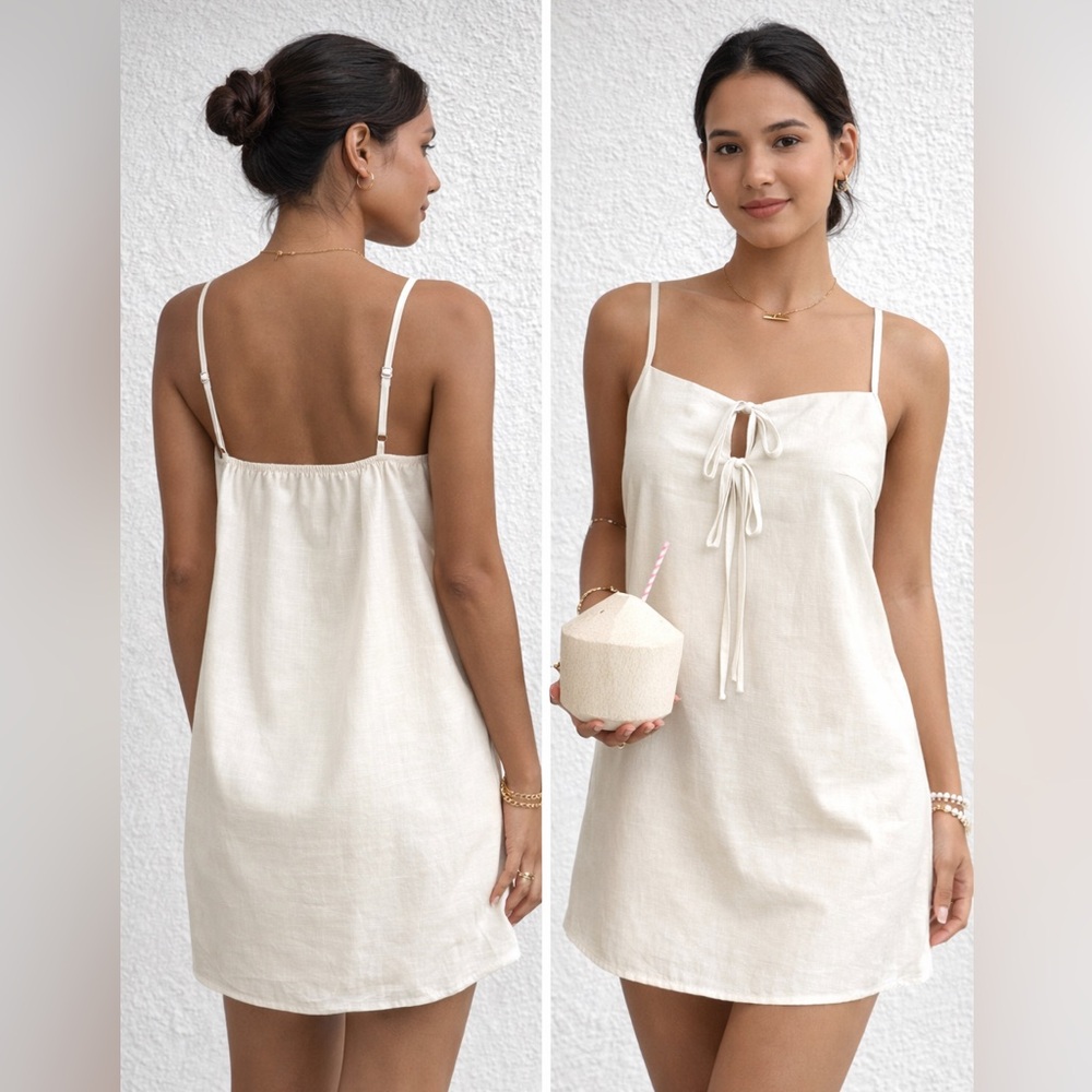 SHEIN Cream Tie Front Mini Dress Medium Spaghetti Strap Lined Summer Dress Ivory